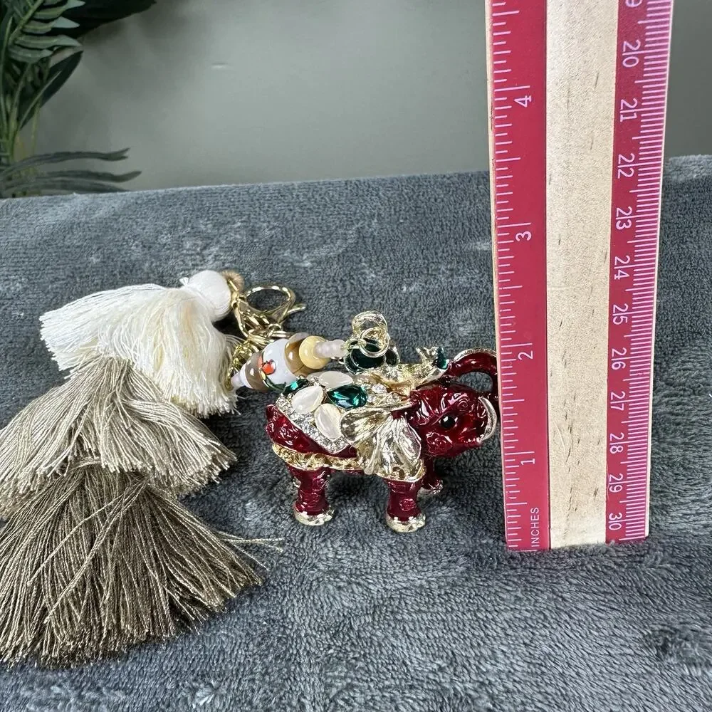 Bag charm Keychain Red Elephant Metal enamel bohemian Tassel BC0035